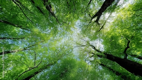 Fototapeta Majestic View of Lush Green Trees Against a Clear Blue Sky with Sunlight Filtering Through the Leaves