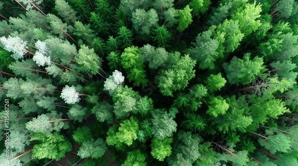 Fototapeta Aerial View of Lush Green Forest Canopy Illuminated by Soft Natural Light