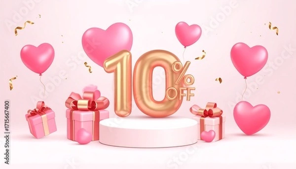 Fototapeta A celebratory display of a ten percent discount offer, featuring pink heart-shaped balloons, gift boxes with bows, and a golden "10%" graphic on a light pink background.