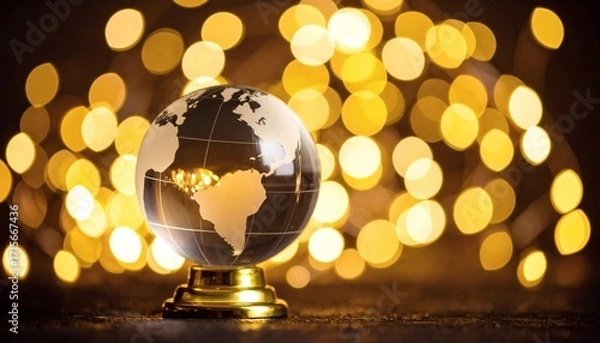 Fototapeta Crystal Earth Globe Glowing Golden Bokeh Background