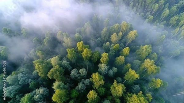Fototapeta Serene Aerial View of Green Forest Surrounded by Mystical Fog with Tranquil Atmosphere