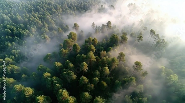 Fototapeta Aerial View of Lush Green Forests Enveloped in Misty Fog Creating a Serene Atmosphere
