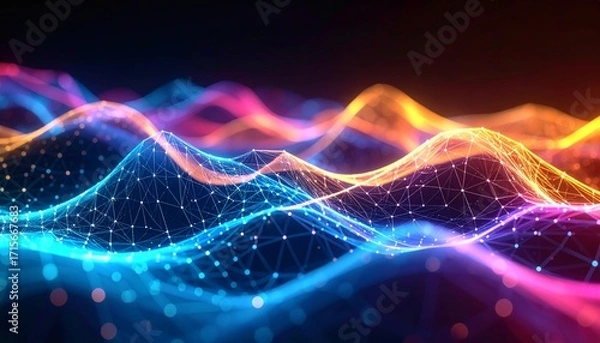 Fototapeta Digital Network Waveform Abstract Background with Neon Lights