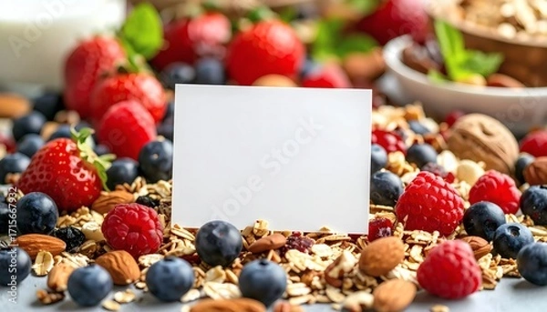 Fototapeta Fresh Berries & Granola with Blank Card - Healthy Breakfast Copy Space
