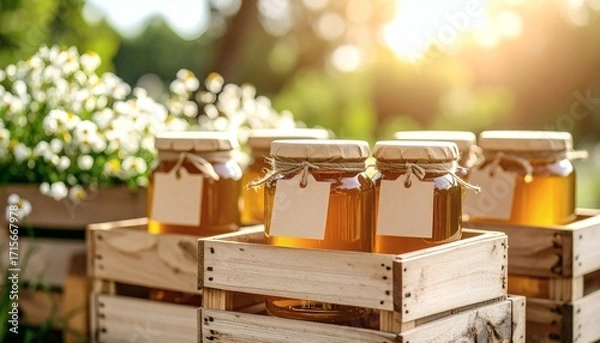 Fototapeta Fresh Honey Jars in Wooden Crates, Summer Garden Bokeh Background