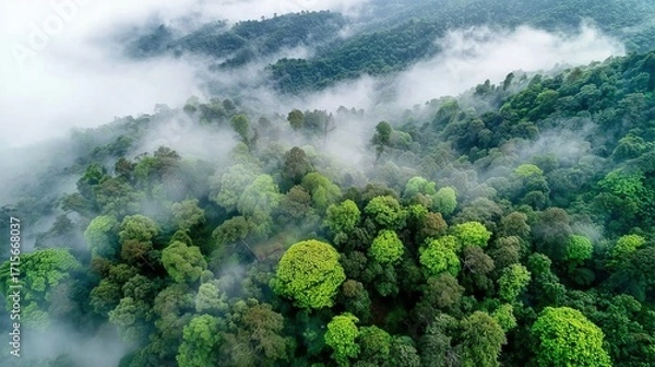 Fototapeta Aerial View of Lush Green Forest Blanketed in Mystical Fog at Dawn
