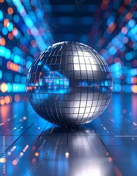 Fototapeta Futuristic Disco Ball in Neon Light Tunnel, Abstract Technology Bac...