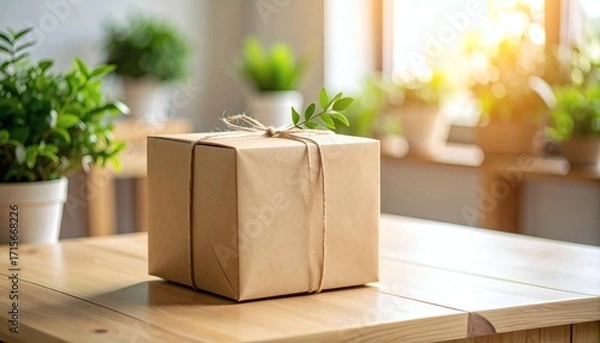 Fototapeta Gift Box Wrapped in Kraft Paper Tied with Twine on Wooden Table wit...