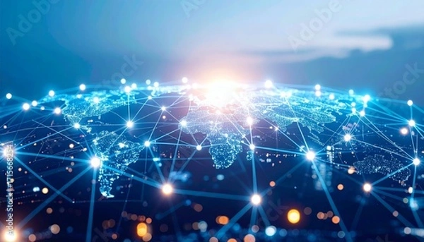 Fototapeta Global Network Connections: Digital Earth with Light Trails and Nodes