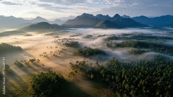 Fototapeta Aerial View of Serene Mountain Landscape with Misty Fog and Golden Sunlight
