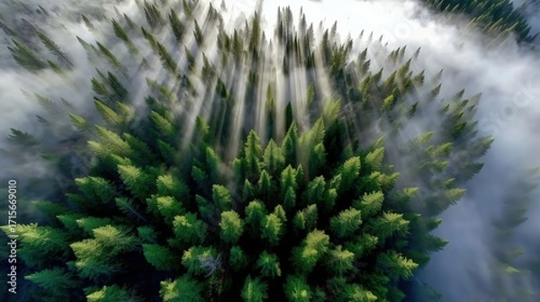Fototapeta Aerial View of Lush Green Forest with Mist and Sunlight Streaming Through the Trees