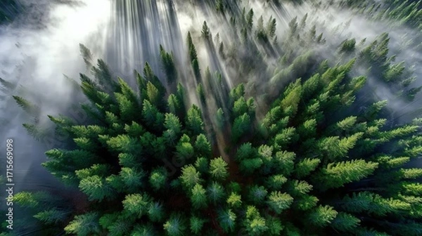 Fototapeta Stunning Aerial View of Lush Green Pine Forest Surrounded by Soft Mist and Sunlight Rays