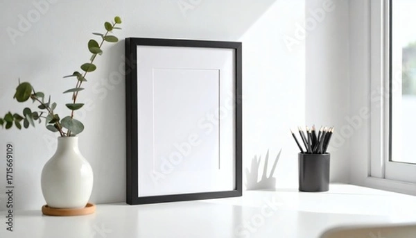 Fototapeta Minimalist Desk Setup: Blank Photo Frame, Eucalyptus, Pencils, Natu...