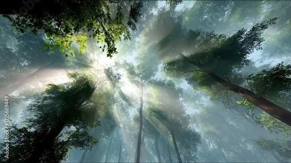 Fototapeta Amazing Sunlight Filtering Through Tall Trees in a Mystical Forest Landscape