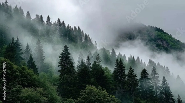 Fototapeta Veiled Mist Enveloping Lush Evergreen Forest Landscape Under Overcast Skies