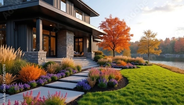 Fototapeta Modern home with autumnal landscape design features vibrant fall colors, rich garden, serene lake view. Stone, dark siding exterior complements ornamental plants, creating tranquil, elegant property.