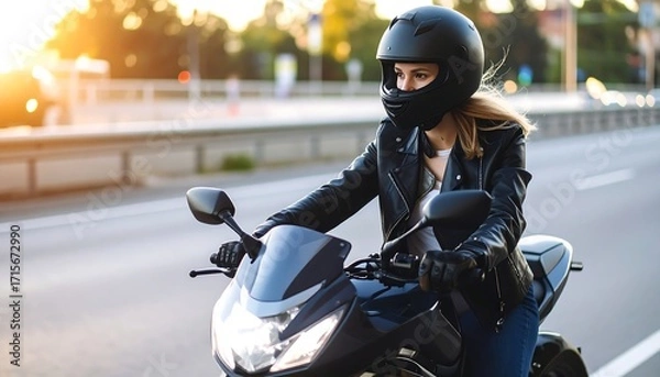 Fototapeta A woman in a black helmet and leather jacket rides a motorcycle on a city street, illuminated by the setting sun