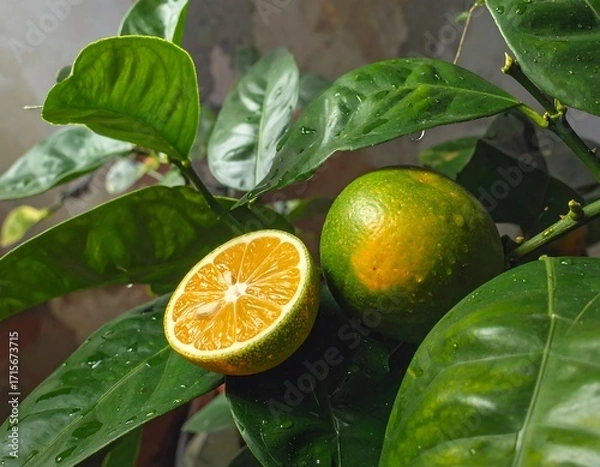 Obraz Vibrant citrus fruits on a leafy branch