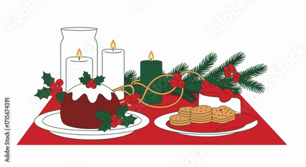 Fototapeta Festive Christmas Dessert Table Setup with Holly, Candles, Chocolate Cake, Cookies, and Holiday Decorations for Celebrations and Seasonal Events