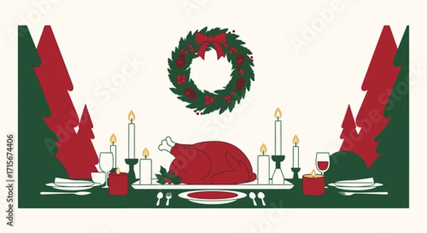 Fototapeta Festive Christmas Dinner Table Setting with Elegant Decorations, Wreath, Candles, Red Wine, and Traditional Holiday Elements for Celebrations and Seasonal Hospitality