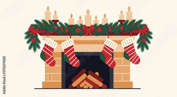 Fototapeta Festive Christmas Fireplace Decor with Stockings & Candles for Holiday Celebration, Warm Winter Atmosphere, Seasonal Home Decor with Greenery, Bows, and Cozy Ambiance