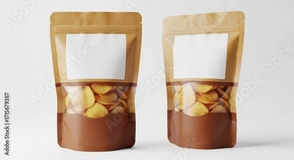 Fototapeta Kraft Paper Snack Pouch Mockup: A stand-up kraft paper pouch with a blank label and clear window, for organic food branding and eco-friendly packaging design.