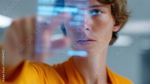 Fototapeta A photorealistic shot of a person interacting with a futuristic, holographic user interface in a clean, minimalist office environment.