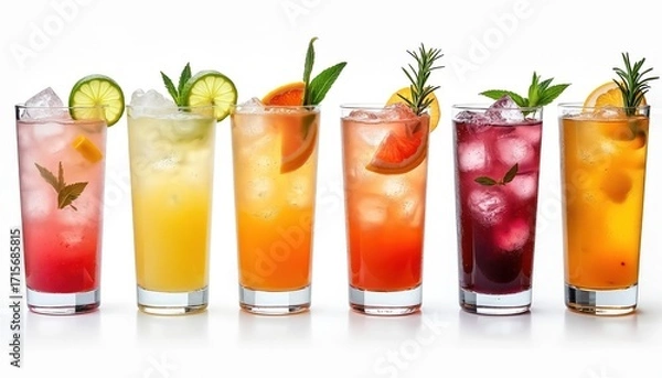 Fototapeta Assortment of non-alcoholic cocktails in tall glasses. Vibrant, colorful drinks like pink, yellow, orange, red, amber shades. Garnished with citrus slices, mint, rosemary sprigs. Served over ice for