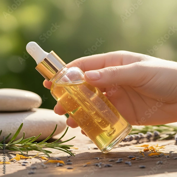 Fototapeta A hand holds a glass dropper bottle filled with golden oil. The bottle is positioned over a wooden surface with natural elements like stones and herbs in the background.