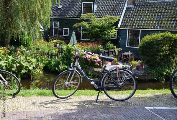 Obraz Park in the Zaandam. Bicycle on the background of old houses