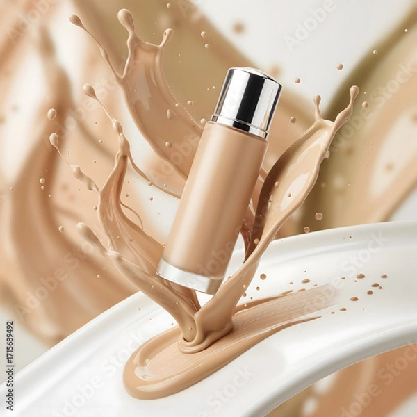 Fototapeta a foundation bottle surrounded by splashes of liquid makeup. The liquid makeup creates a dynamic and visually appealing effect.