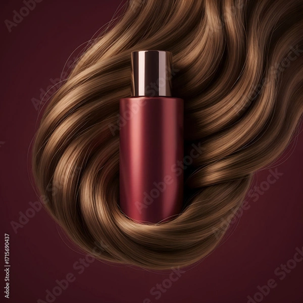 Fototapeta a red hair product bottle surrounded by flowing, wavy brown hair. The background is a deep red color.