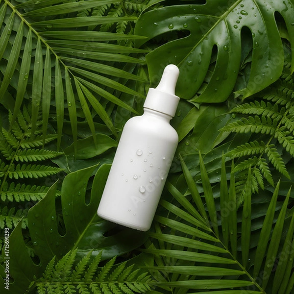 Fototapeta A white dropper bottle sits atop a bed of lush green leaves with water droplets. The image evokes a natural, botanical theme.