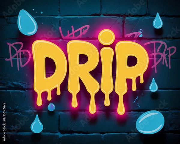 Fototapeta Urban 'Drip' typography with melting liquid gold effect and neon glow on textured graffiti wall with stylized water droplets