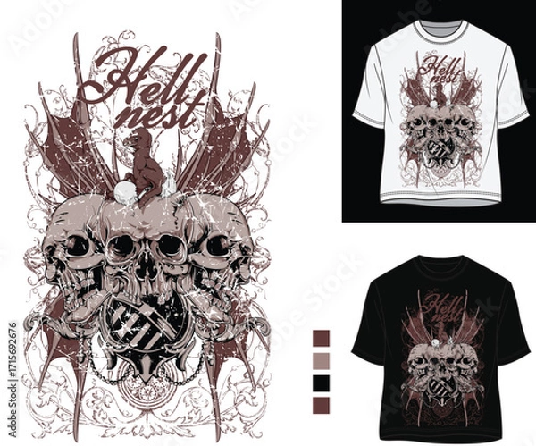 Obraz Hell Nest T-Shirt Design | Gothic Skull Vector Illustration | Dark Horror Artwork for Streetwear Print Design