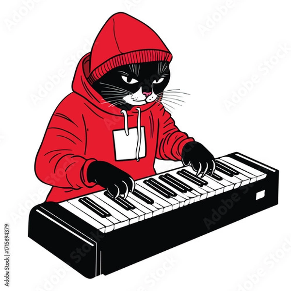 Fototapeta Black Cat Character Playing Keyboard Piano Cartoon Vector Illustration	