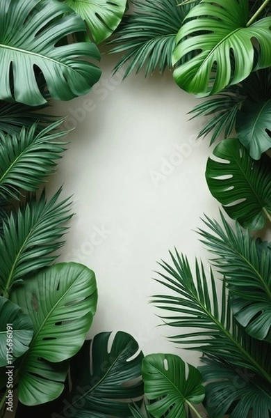 Fototapeta Vibrant green monstera, palm leaves form rich botanical frame against neutral background. Arrangement of tropical foliage offers fresh, exotic, natural aesthetic, perfect for summer themes, organic