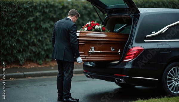 Fototapeta Funeral director in dark suit and gloves carefully loads wooden coffin with flower arrangement into black hearse. Solemn scene outdoors on overcast day, symbolizing respect and last journey.