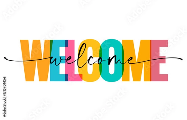 Fototapeta Welcome, handwritten inscription - phrase design. Continuous thin line text on colorful letters. One line drawing of phrase for slogan design, t-shirt or print graphics. Vector illustration