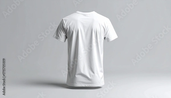 Obraz Blank white t-shirt displayed from the back on a plain gray background, showcasing its clean design and fabric texture, perfect for mockups and design applications