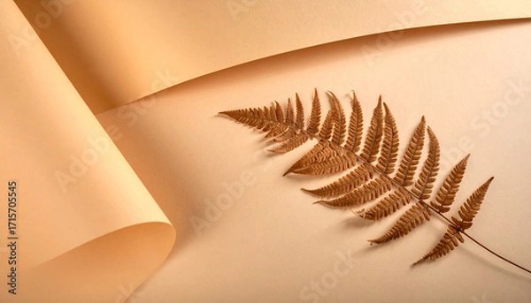 Obraz Dried fern leaf artfully arranged on a muted beige surface with a gentle paper curl, creating a serene and elegant composition that evokes natural beauty and warm, earthy tones