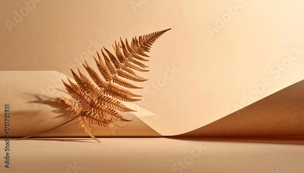 Obraz Minimalist still life of a single golden dried fern leaf resting on a delicately curved beige paper, creating an elegant botanical composition