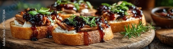 Fototapeta Juicy pulled pork with dripping bbq sauce concept. Delicious gourmet bruschetta topped with herbs and sauce.