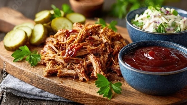 Fototapeta Juicy pulled pork with dripping bbq sauce concept. Delicious pulled pork served with pickles and coleslaw.