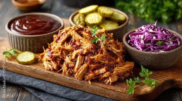 Fototapeta Juicy pulled pork with dripping bbq sauce concept. Delicious pulled pork served with pickles and coleslaw.