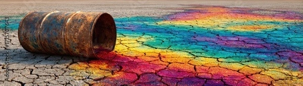 Fototapeta Reflective oil spill from crude barrel concept. Colorful oil slick on cracked earth with a rusty barrel.
