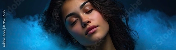 Fototapeta Young woman with clouded mind in sadness concept. A serene portrait of a woman with relaxed expression and beauty.