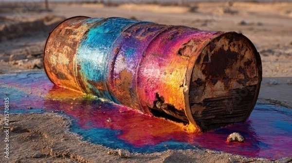 Fototapeta Reflective oil spill from crude barrel concept. Colorful rusty barrel leaking paint on a sandy beach.