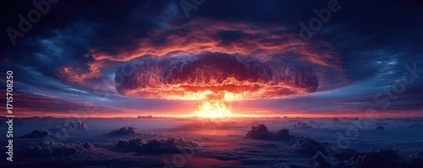 Fototapeta Nuclear explosion with stormy sky shock wave concept. A dramatic scene of a nuclear explosion at sunset over clouds.