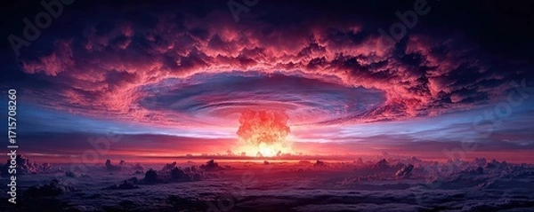 Fototapeta Nuclear explosion with stormy sky shock wave concept. A stunning view of a colorful, dramatic sunset over clouds.